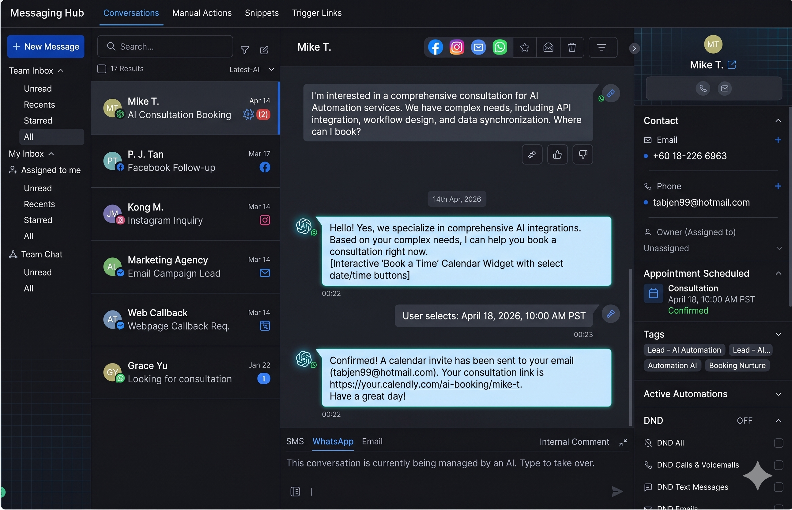 Omnichannel conversation demo: messages across channels in one thread