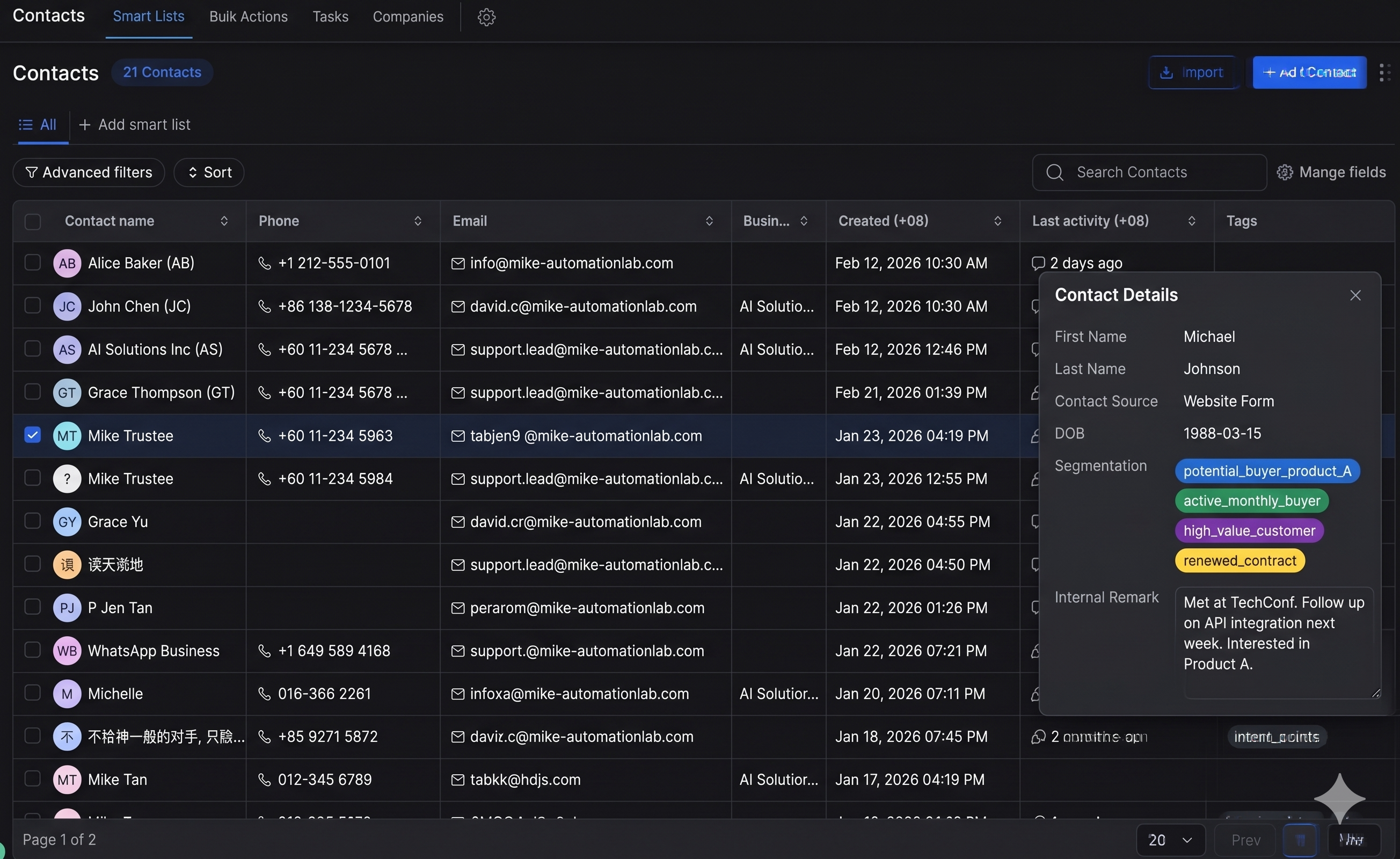 CRM contacts demo screenshot